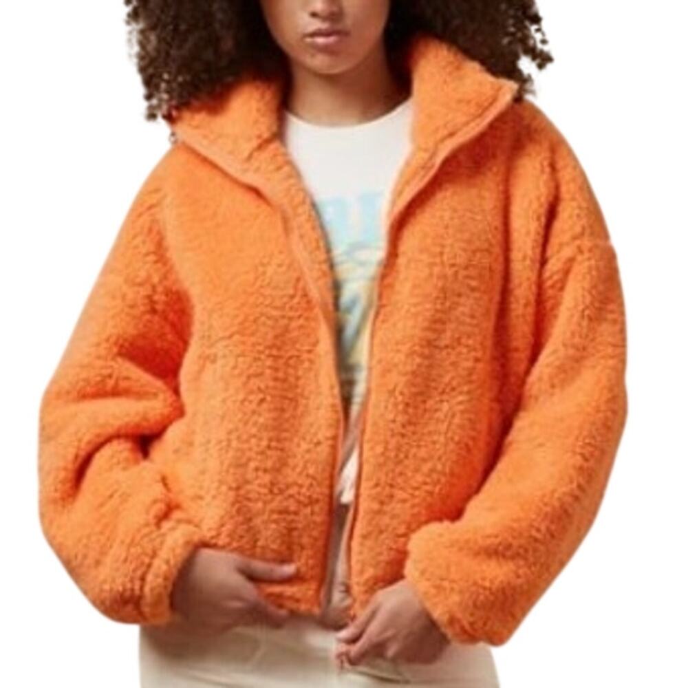 AE American Eagle Orange Zip Up Bear Hug Sherpa Sweatshirt Medium Cozy Fleece